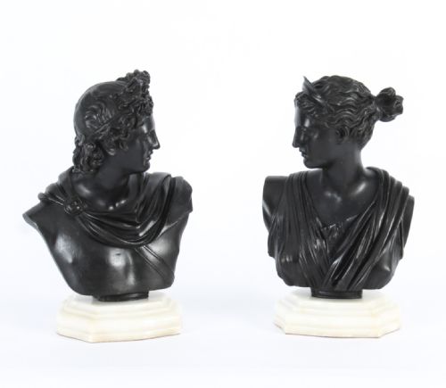 Antique Pair Italian Grand Tour Bronze Busts Apollo & Diana 19th C

