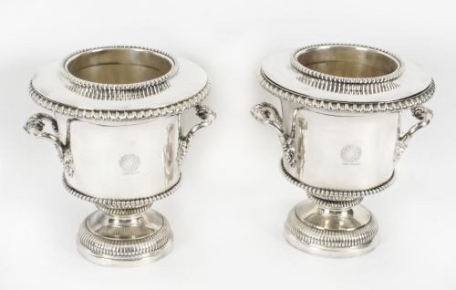 Antique Pair Regency Old Sheffield Plate Wine Coolers Pearson Crests 19th C
