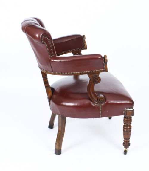 ANTIQUE VICTORIAN OAK LEATHER DESK CHAIR TUB CHAIR C1880 - ADDITIONAL PHOTO 2