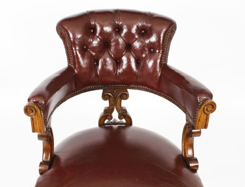 ANTIQUE VICTORIAN OAK LEATHER DESK CHAIR TUB CHAIR C1880 - ADDITIONAL PHOTO 3
