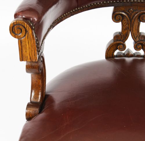 ANTIQUE VICTORIAN OAK LEATHER DESK CHAIR TUB CHAIR C1880 - ADDITIONAL PHOTO 5