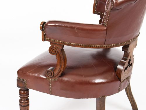 ANTIQUE VICTORIAN OAK LEATHER DESK CHAIR TUB CHAIR C1880 - ADDITIONAL PHOTO 8