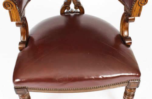 ANTIQUE VICTORIAN OAK LEATHER DESK CHAIR TUB CHAIR C1880 - ADDITIONAL PHOTO 9