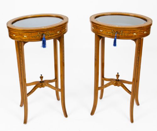 Antique Pair Edwardian Satinwood Painted Bijouterie Display Tables Circa 1900
