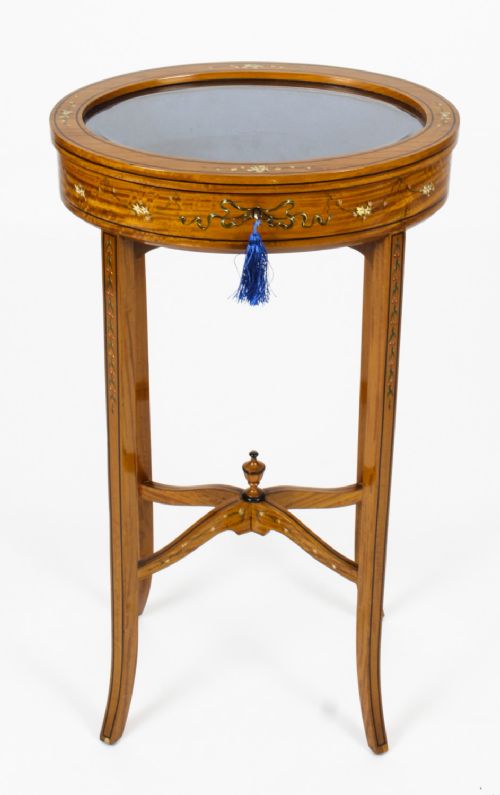 fig 1. Antique Pair Edwardian Satinwood Painted Bijouterie Display Tables Circa 1900
