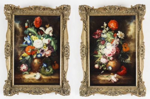 Antique Pair Still Life Oil Paintings European School 19th Century
