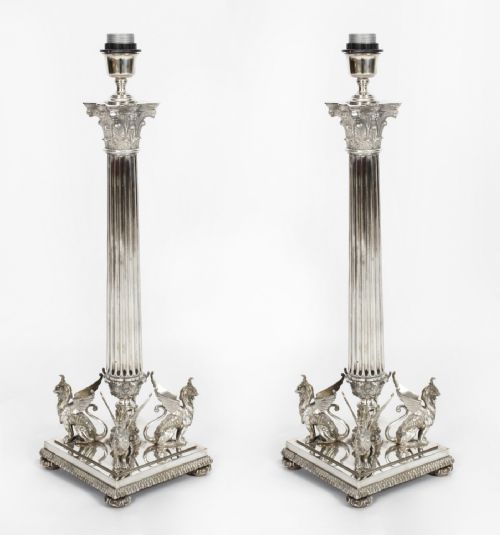 Antique Monumental Pair Silver Plated Corinthian Column Table Lamps 19th C
