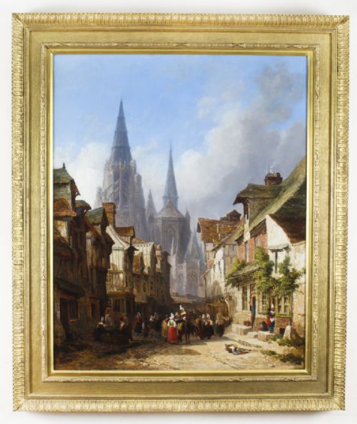Antique Cityscape Oil Painting of Rouen by Caleb Robert Stanley 19th C

