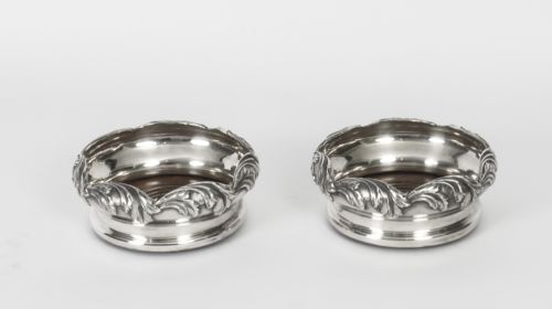 Antique Pair Victorian Silver Plate Wine Coasters 19th C
