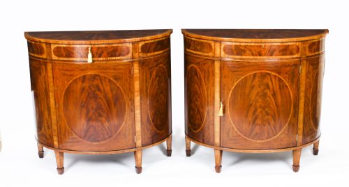 Antique Pair Edwardian Flame Mahogany Demi Lune Cabinets Circa 1900
