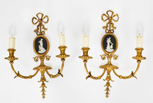 Antique Pair Ormolu & Limoges Two Branch Wall Lights Sconces C1920
