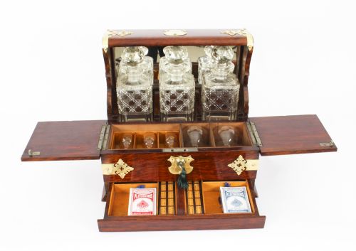 Antique English Victorian Oak Three Crystal Decanter Tantalus Dry Bar 19th C
