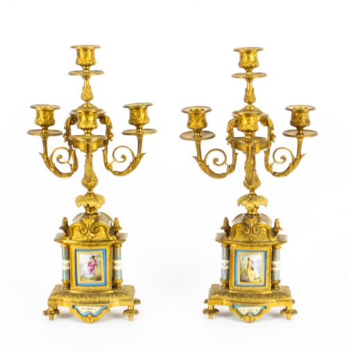 Antique Pair Sevres Bleu Celeste Porcelain & Ormolu Candelabra 19th C

