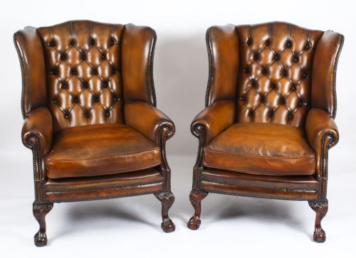 Antique Pair Leather Chippendale Wingback Armchairs C.1920
