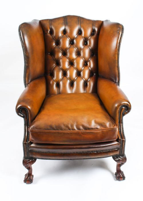 fig 1. Antique Pair Leather Chippendale Wingback Armchairs c.1920