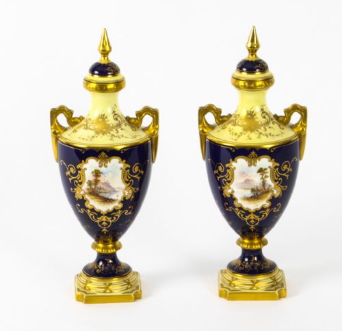 Antique Pair Coalport Urnular Vases & Covers, Late 19th Century
