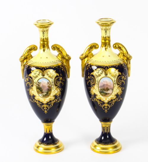 Antique Pair Coalport Pedestal Ovoid Vases Cobalt Blue 19th C
