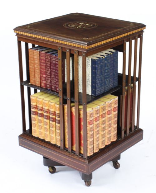 fig 1. Antique Victorian Revolving Bookcase Flame Mahogany 19th C