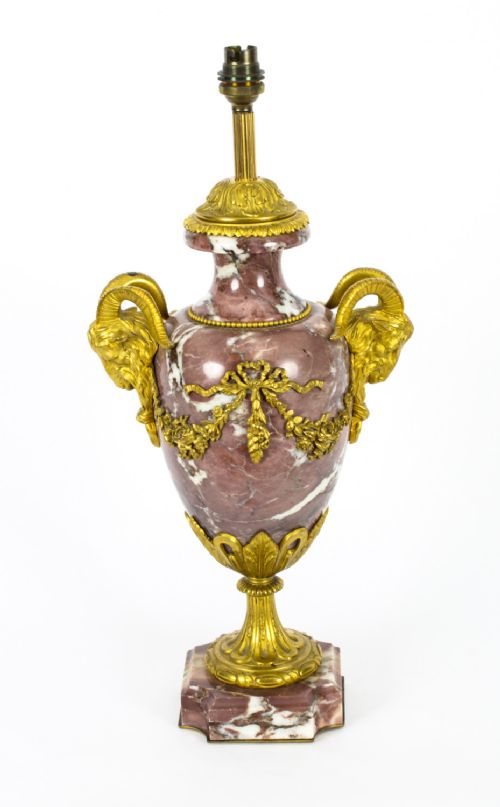 Antique French Ormolu Mounted Pink Marble Urn Table Lamp C1920
