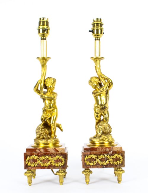 Antique Pair French Louis Revival Ormolu Cherub Table Lamps 19th C
