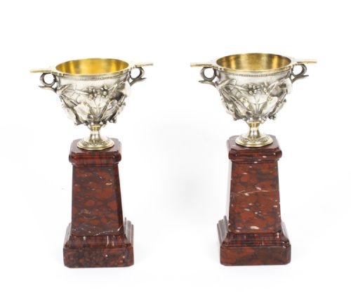 Antique Pair French Grand Tour Silvered Bronze Pedestal Urns C1860 19th C
