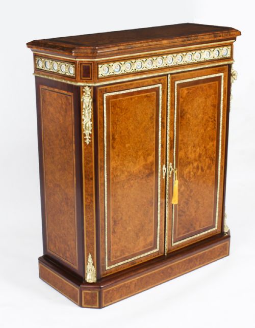Antique Victorian Burr Walnut Pier Cabinet Sevres Plaques C.1860
