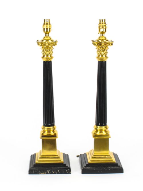 Antique Pair Regency Revival Corinthian Column Table Lamps Late 19th C
