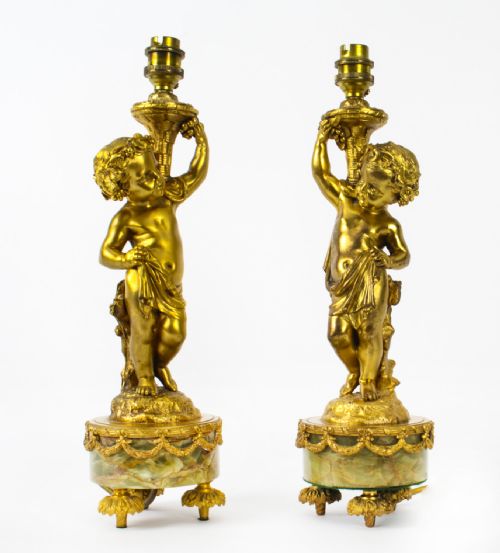Antique Pair French Ormolu Cherubs Table Lamps 19th C
