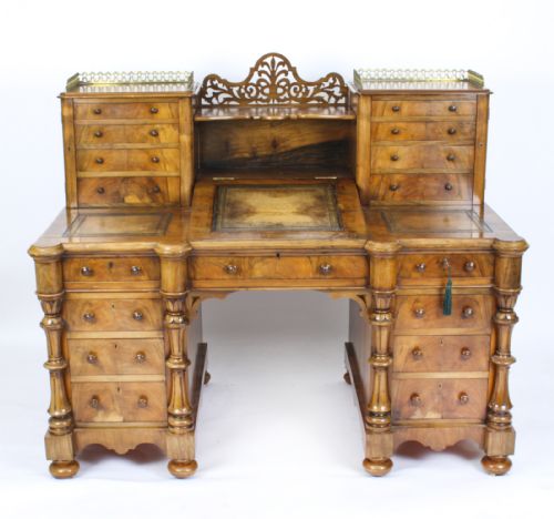 ANTIQUE VICTORIAN BURR WALNUT DICKENS PEDESTAL DESK C 1880 19TH C - ADDITIONAL PHOTO 2