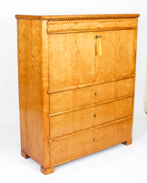 Antique Swedish Biedermeier Birchwood Secretaire Chest 19th C
