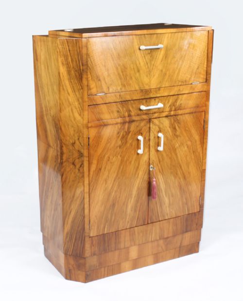 Antique Art Deco Burr Walnut Cocktail Cabinet Dry Bar C.1920
