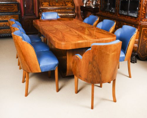 Antique Art Deco Burr Walnut Dining Table & 8 Cloud Back Chairs C1930
