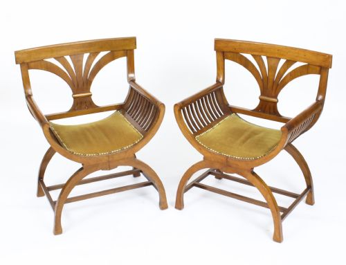 Antique Pair Austrian Biedermeier Walnut 'X' Frame Armchairs Circa 1830
