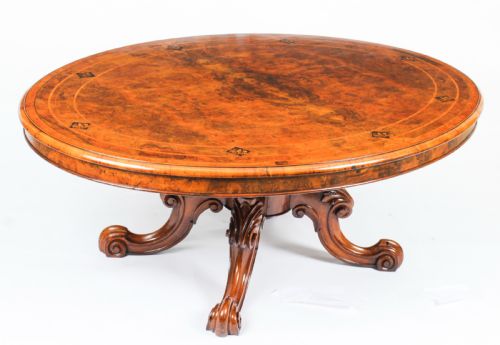 fig 1. Antique Burr Walnut Oval Coffee Table Circa 1860 19th Century