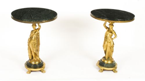 Antique Pair Figural Group Ormolu & Marble Occasional Tables 19th Century
