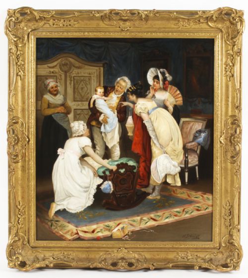 Antique Oil Painting "The Centre of Attention" H Schmidt 19th C

