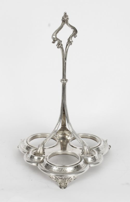 fig 2. Antique Victorian Silver Plated Triple Decanter Tantalus Stand 19th C