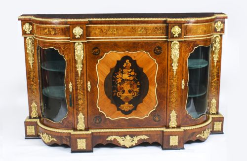 Antique Victorian Burr Walnut Marquetry Ormolu Mounted Credenza 19th C
