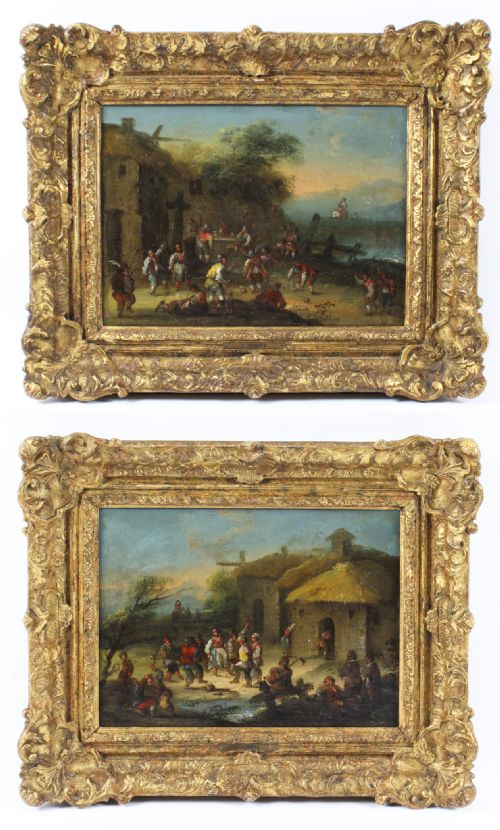 Antique Pair Oil on Canvas Paintings After David Teniers 18th C
