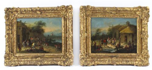 fig 1. Antique Pair Oil on Canvas Paintings After David Teniers 18th C