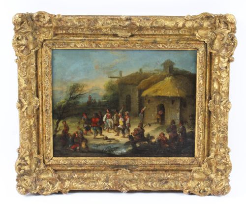 fig 2. Antique Pair Oil on Canvas Paintings After David Teniers 18th C