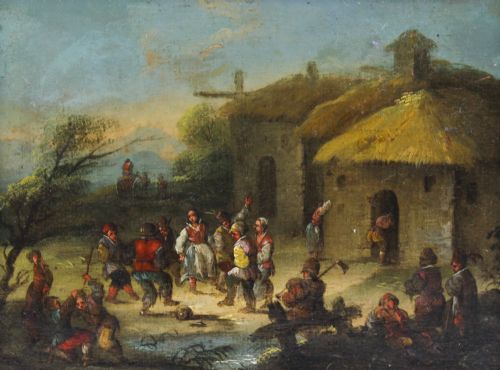 fig 4. Antique Pair Oil on Canvas Paintings After David Teniers 18th C