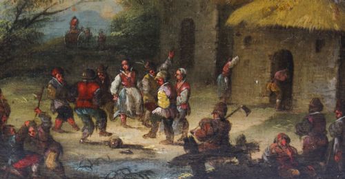 fig 5. Antique Pair Oil on Canvas Paintings After David Teniers 18th C