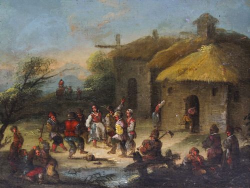 fig 6. Antique Pair Oil on Canvas Paintings After David Teniers 18th C