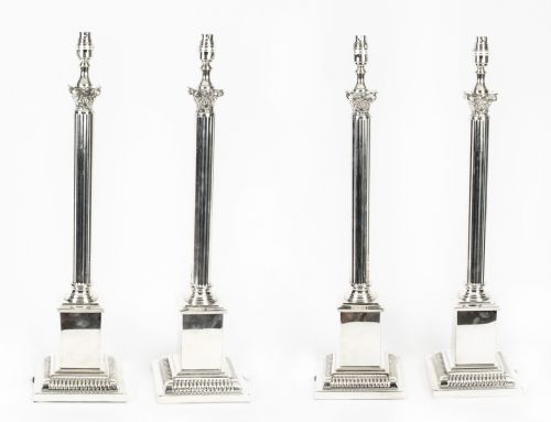 Antique Set 4 Edwardian Silver Plated Corinthian Column Table Lamps C1910
