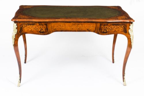 fig 1. Antique Victorian Burr Walnut & Floral Marquetry Writing Table 19th C
