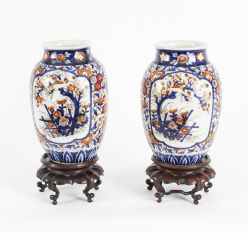 Antique Pair Japanese Imari Porcelain Vases on Stands C. 1870 19th C.
