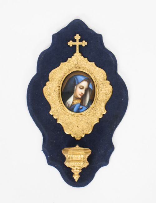 Antique French Painted Porcelain & Ormolu Plaque Holy Water Font Stoop 19thc
