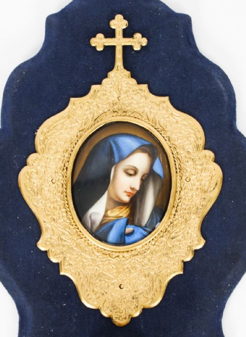 fig 1. Antique French Painted Porcelain & Ormolu Plaque Holy Water Font Stoop 19thC