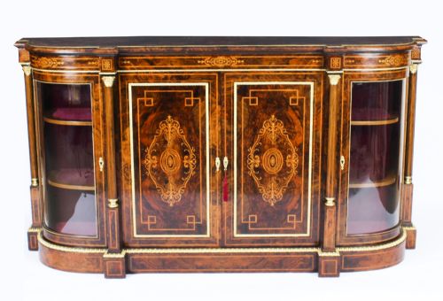 Antique Victorian Burr Walnut Inlaid Credenza Side Cabinet C.1860
